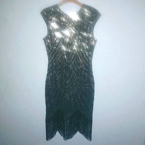 Fundaisy XL Flapper 20s Gatsby Midi Dress Sequins Fringe Capped Sleeves
